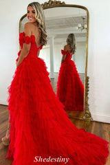 Tulle Red Off the Shoulder A-Line Tiered Ruffles Prom Dress with Slit