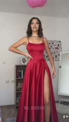 A line Spaghetti Straps Red Satin Slit Long formal dresses Bridesmaid Dresses evening gown Prom Dress