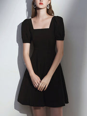 Simple satin black short prom dress, black homecoming dress