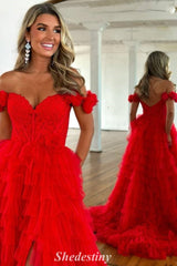 Tulle Red Off the Shoulder A-Line Tiered Ruffles Prom Dress with Slit