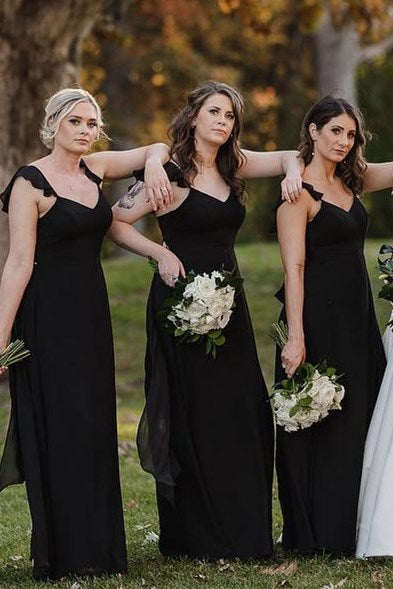 Black Flutter Straps V Neck Chiffon Long Bridesmaid Dress