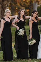 Black Flutter Straps V Neck Chiffon Long Bridesmaid Dress
