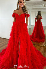 Tulle Red Off the Shoulder A-Line Tiered Ruffles Prom Dress with Slit