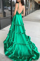 Green Straps A-Line Layere Long Prom Dress