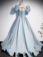 Light blue satin long prom dress, blue sweet 16 dress