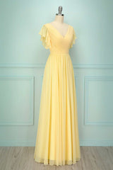 Yellow V-Neck Ruffled Pleated Bridesmaid Dress