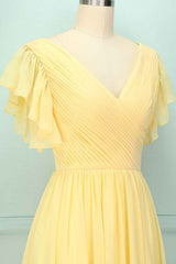 Yellow V-Neck Ruffled Pleated Bridesmaid Dress