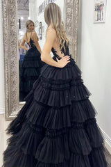 Spaghetti Strap V-Neck Sleeveless Ruffle Tiered Tulle Long Ball Gown