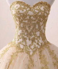 Beautiful Light Champagne Ball Gown Party Dress Sweet 16 dress with Gold Applique Prom Dress Wholesale