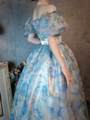 Retro Blue A-Line Printed Chiffon Long Evening Gowns Birthday Outfits, HZ0319