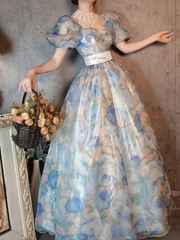 Retro Blue A-Line Printed Chiffon Long Evening Gowns Birthday Outfits, HZ0319