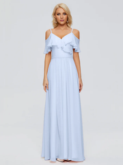 Thin shoulder strap ruffled chiffon and floor length bridesmaid dress