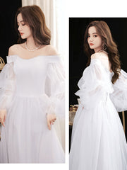 Simple white tulle long prom dress, white tulle formal dress