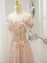 Champagne tulle lace off shoulder long prom dress, champagne evening dress