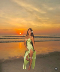 Sheath Simple V-Neck Spaghetti Straps Green Slit Satin Long formal dresses Bridesmaid Dresses evening gown Prom Dress