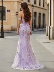 Off-the-shoulder Mermaid Appliqued Dress With Slit Lilac