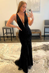 Plunge Black Embroidered Mermaid Long Prom Dress