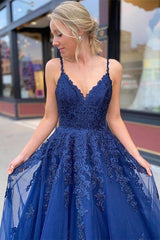 Dark Blue Lace Appliqués V-Neck Lace-Up A-Line Prom Dress