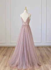Lovely Pink V-neckline Beaded Straps Floor Length Party Dress, Pink Long Prom Dress