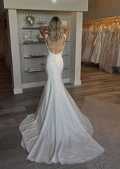 Simple Mermaid Scoop Neck Backless Satin Wedding Dresses