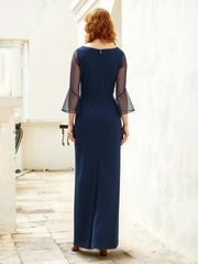 Beaded Illusion Neck 3/4 Sleeves Floor-length Dress Dark Navy