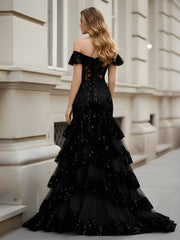 Sheer Corset Bodice Sequin Embroidered Prom Dress Black