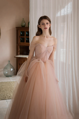 Off Shoulder Pink Tulle Long Formal Dress, A-line Princess Prom Dress Evening Dress