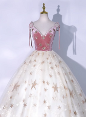 Ivory Tulle V-neckline Straps Ball Gown Sweet 16 Dress, Cute Tulle Long Prom Dress