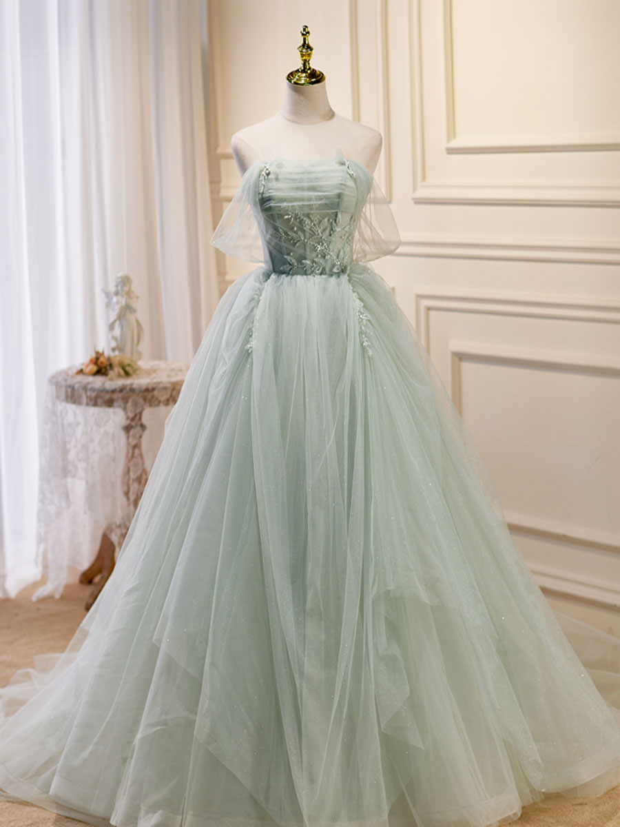 A-Line Off Shoulder Tulle Sequin Green Long Prom Dress, Green Formal Dress