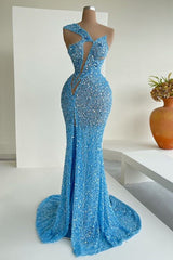 Oceaanblauwe pailletten one-shoulder zeemeermin lange prom-jurk met split