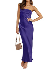Navy Strapless Satin Tube Bodycon Backless Formal Prom Dress