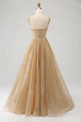 Glitter Golden A-Line Spaghetti Straps Corset Long Prom Dress with Flowers Sparkly