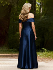 Bow Off-the-Shoulder A-Line Long Satin Dress Dark Navy