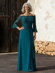 A-Line Lace Off-the-Shoulder Ruffle Dress With Slit Peacock