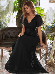 A-line V-Neck Short Sleeve Floor Length formal dresses Bridesmaid Dresses evening gown Prom Dress Mother of The Bride Dress
