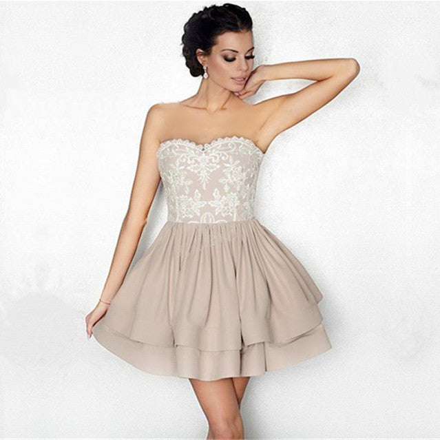 White Lace Appliques Nude Satin Ruffle Homecoming Dresses