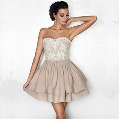 White Lace Appliques Nude Satin Ruffle Homecoming Dresses