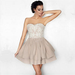 White Lace Appliques Nude Satin Ruffle Homecoming Dresses