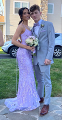 Purple Tulle Lace Appliques Mermaid Prom Dress Backless Long Evening Dress SH1083