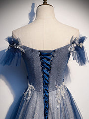 Blue tulle lace long prom dress, blue tulle lace bridesmaid dress