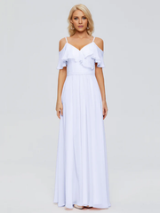 Thin shoulder strap ruffled chiffon and floor length bridesmaid dress