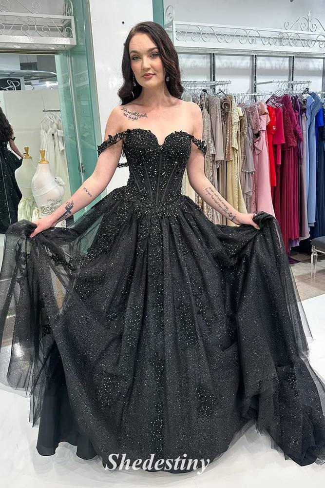 Off the Shoulder A-Line Black Wedding Dress with Rhinestone Appliuque