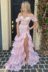 Red Sequin-Embroidery Off-the-Shoulder Tiered Long Prom Dress with Slit