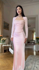Pink Long Sleeves Mermaid Satin Long Formal Evening Party Dresses, HZ0319