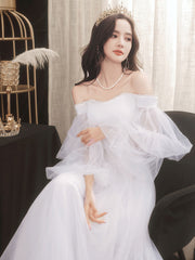 Simple white tulle long prom dress, white tulle formal dress