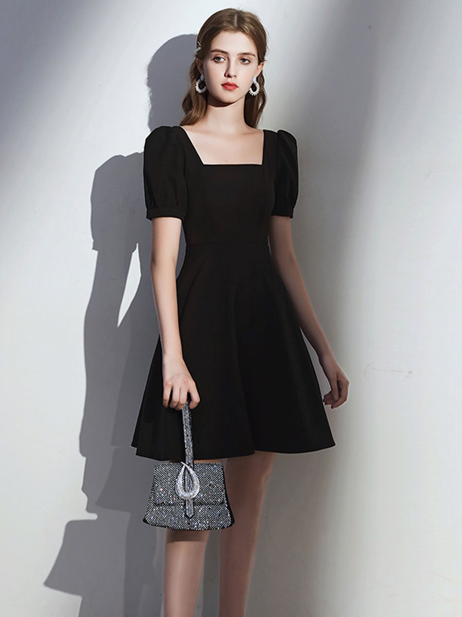 Simple satin black short prom dress, black homecoming dress