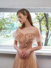 Simple tulle off shoulder lace long prom dress lace formal dress