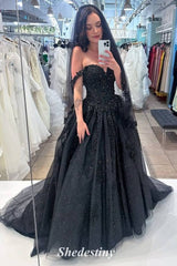 Off the Shoulder A-Line Black Wedding Dress with Rhinestone Appliuque