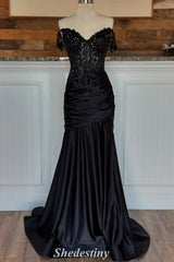 Black Off-Shoulder Mermaid Pleated Prom Dress with Sequin