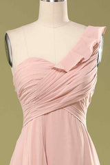 Blush Chiffon One-Shoulder Ruffled Bridesmaid Dress